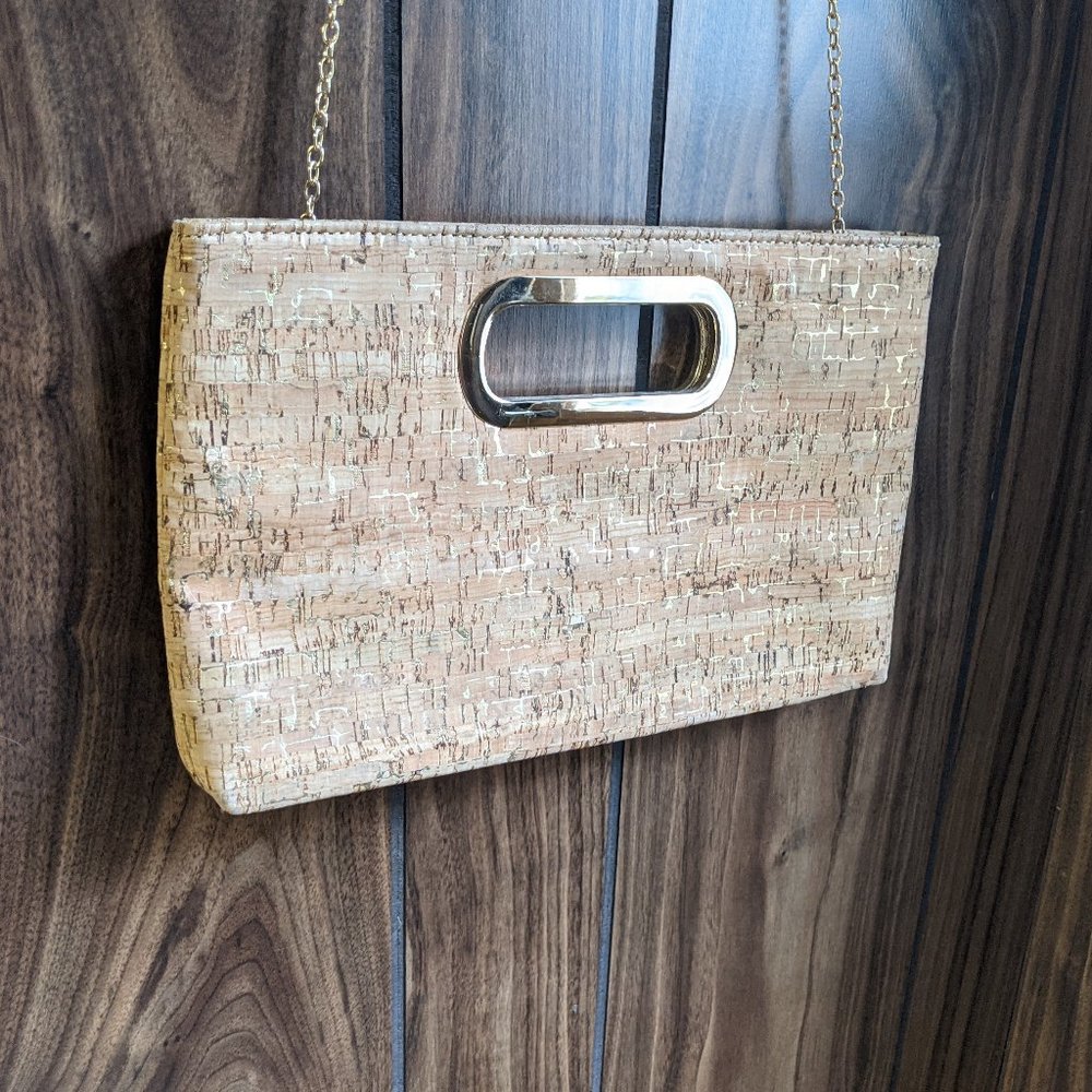 EUC Cork/Gold Top Handle Clutch w/Crossbody Chain